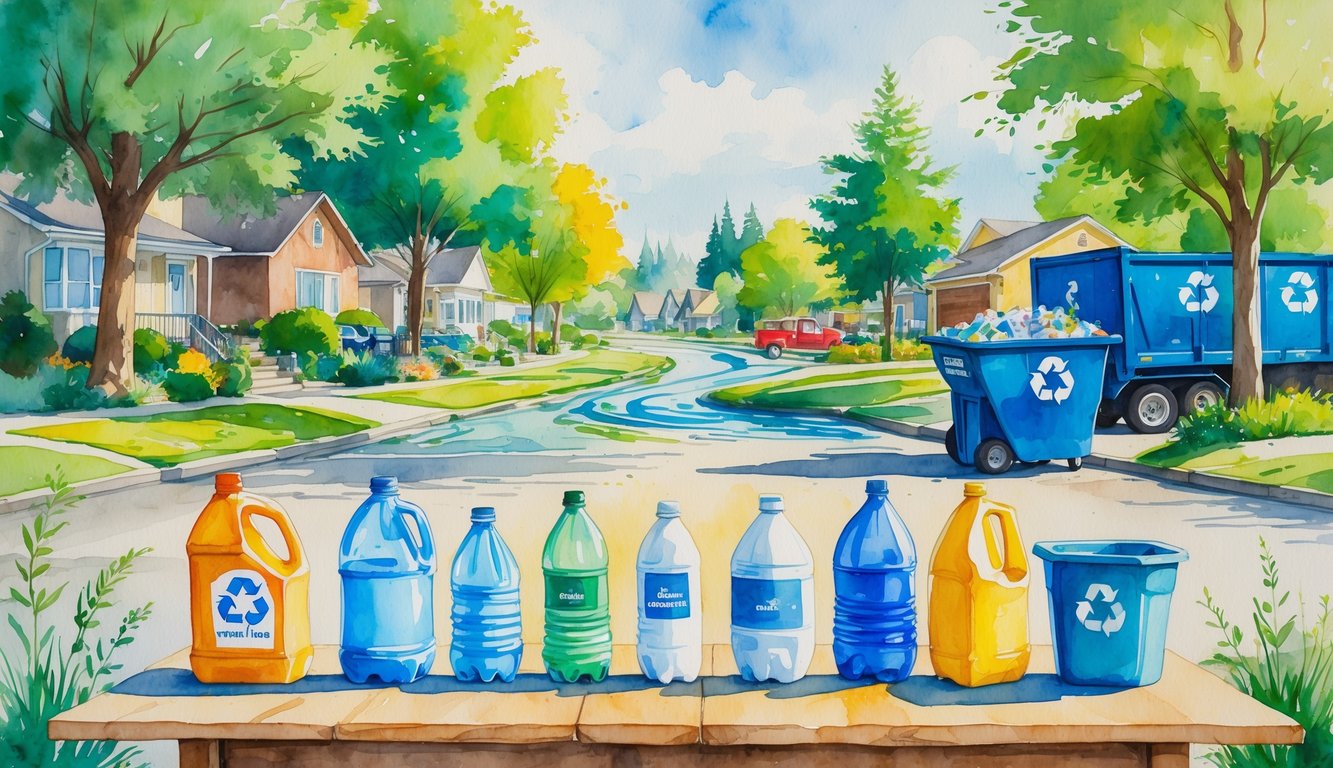 A scene showing recyclable plastic bottles and containers on a table outdoors in a neighborhood with trees and houses in the background.