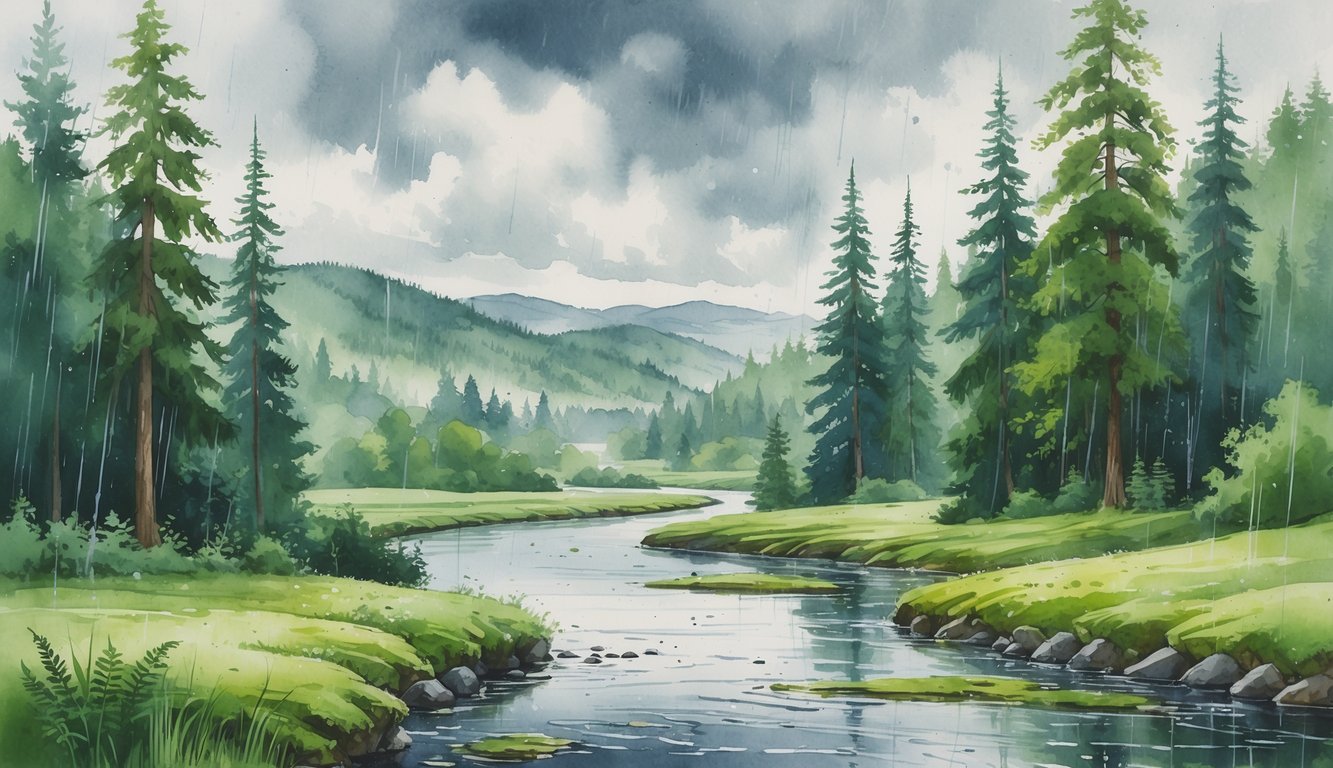 A peaceful forest scene with tall trees, a flowing river, and gentle rain falling under a cloudy sky.