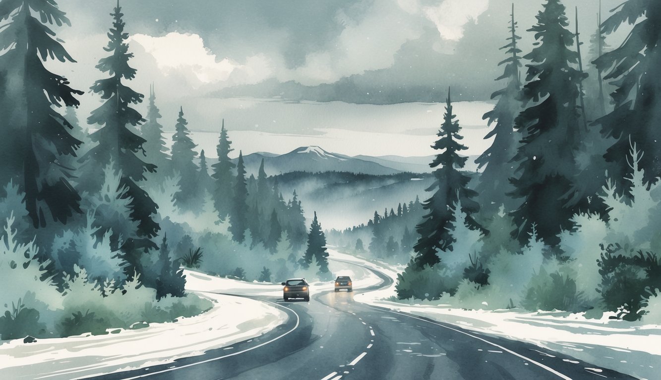 A snowy road in a forested area with cars driving carefully under an overcast sky and mountains faintly visible in the background.