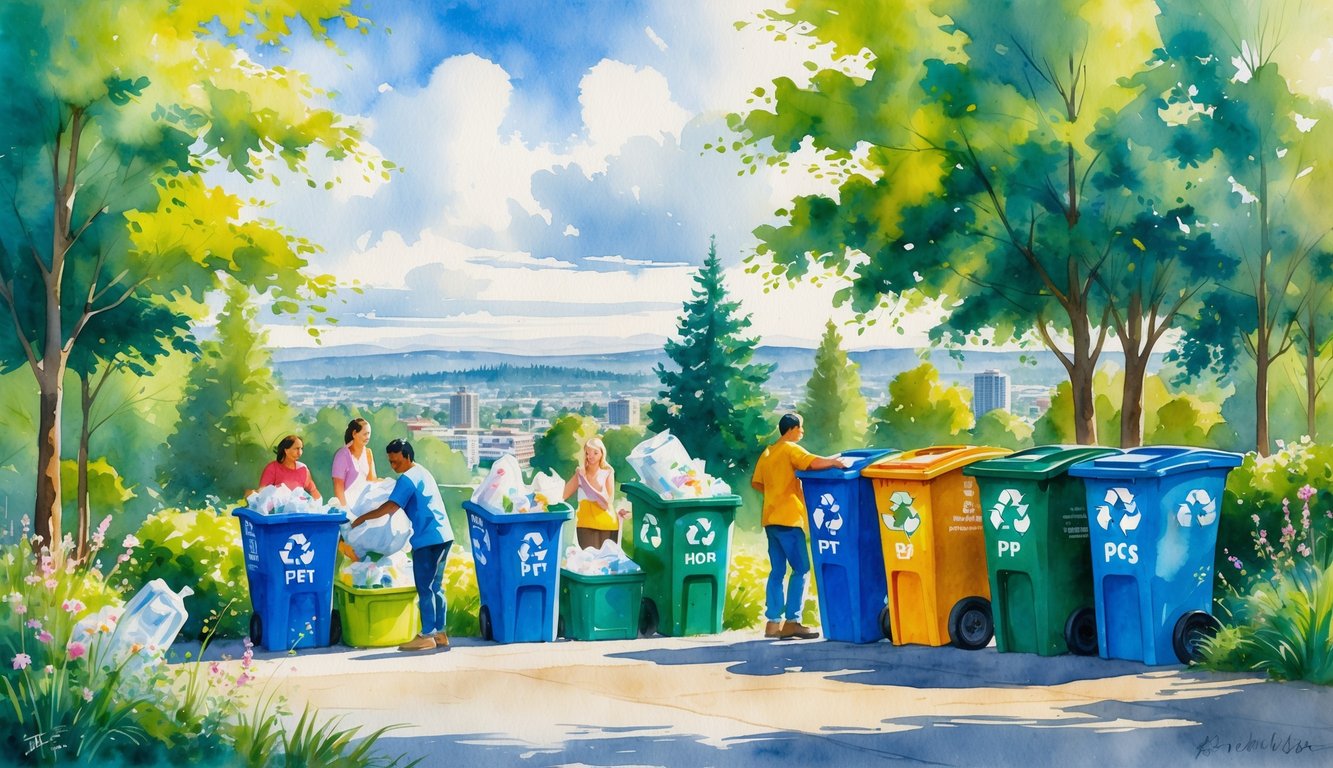 A community recycling drop-off site with people sorting plastics into labeled bins surrounded by trees and a cityscape in the background.