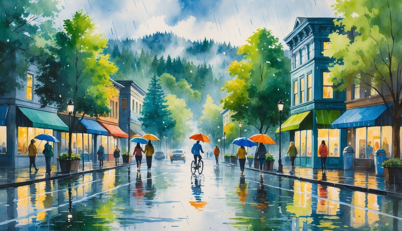 A rainy city street in Eugene, Oregon with people using umbrellas, wet sidewalks with puddles, a cyclist riding carefully, and misty hills and forests in the background.