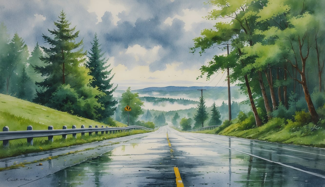 A wet road surrounded by green trees and hills with mist in the distance under a cloudy sky.
