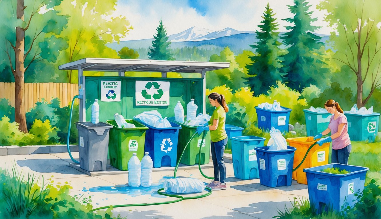 People preparing clean plastic bottles and containers for recycling at an outdoor recycling station surrounded by trees and mountains.