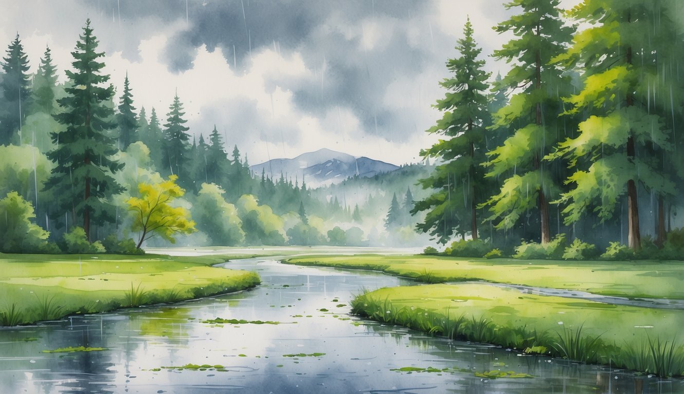 A peaceful rainy landscape with green trees, a calm river, and distant mountains under a cloudy sky.