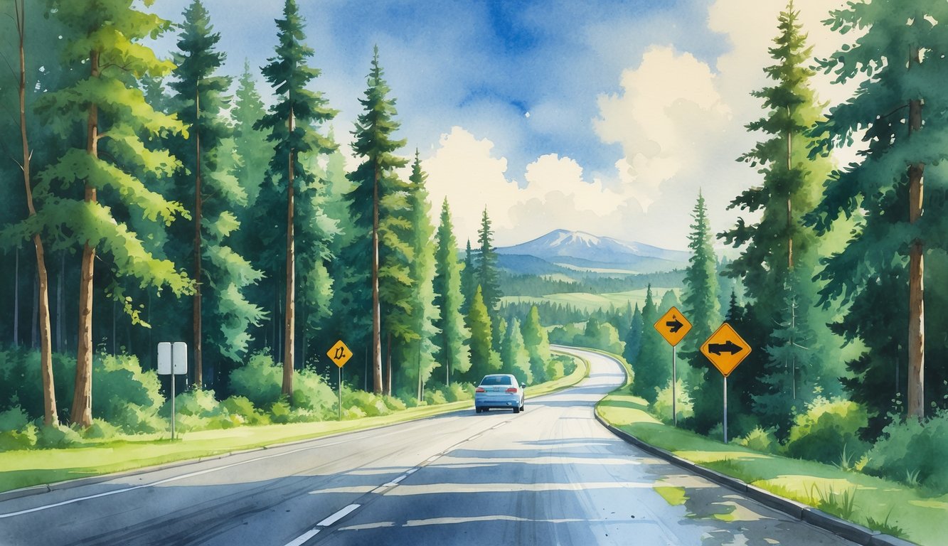 A car driving on a clear road surrounded by green trees and distant mountains under a partly cloudy sky.
