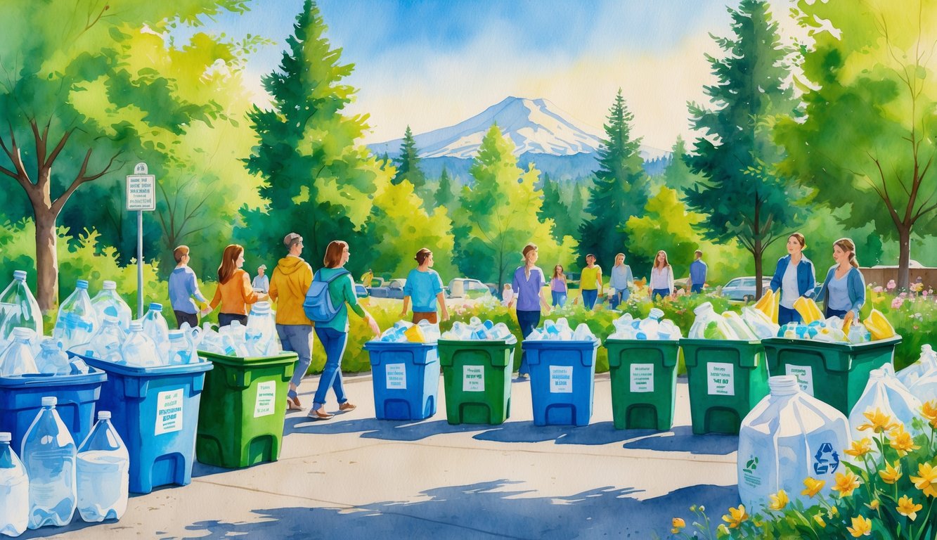 A community recycling area with people sorting various plastic containers into bins, surrounded by trees and mountains in the background.
