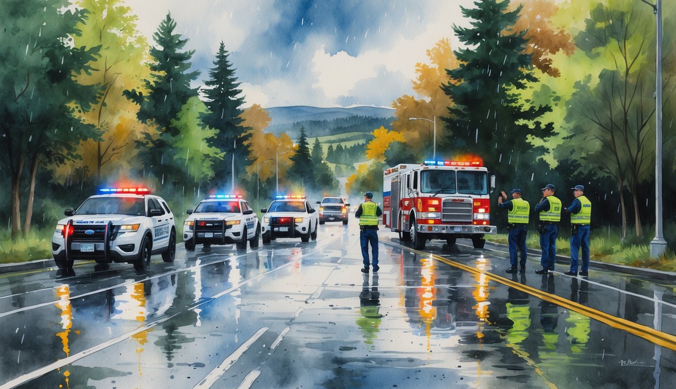 Emergency vehicles and workers managing wet road conditions on a tree-lined street in Eugene, Oregon with cloudy skies.