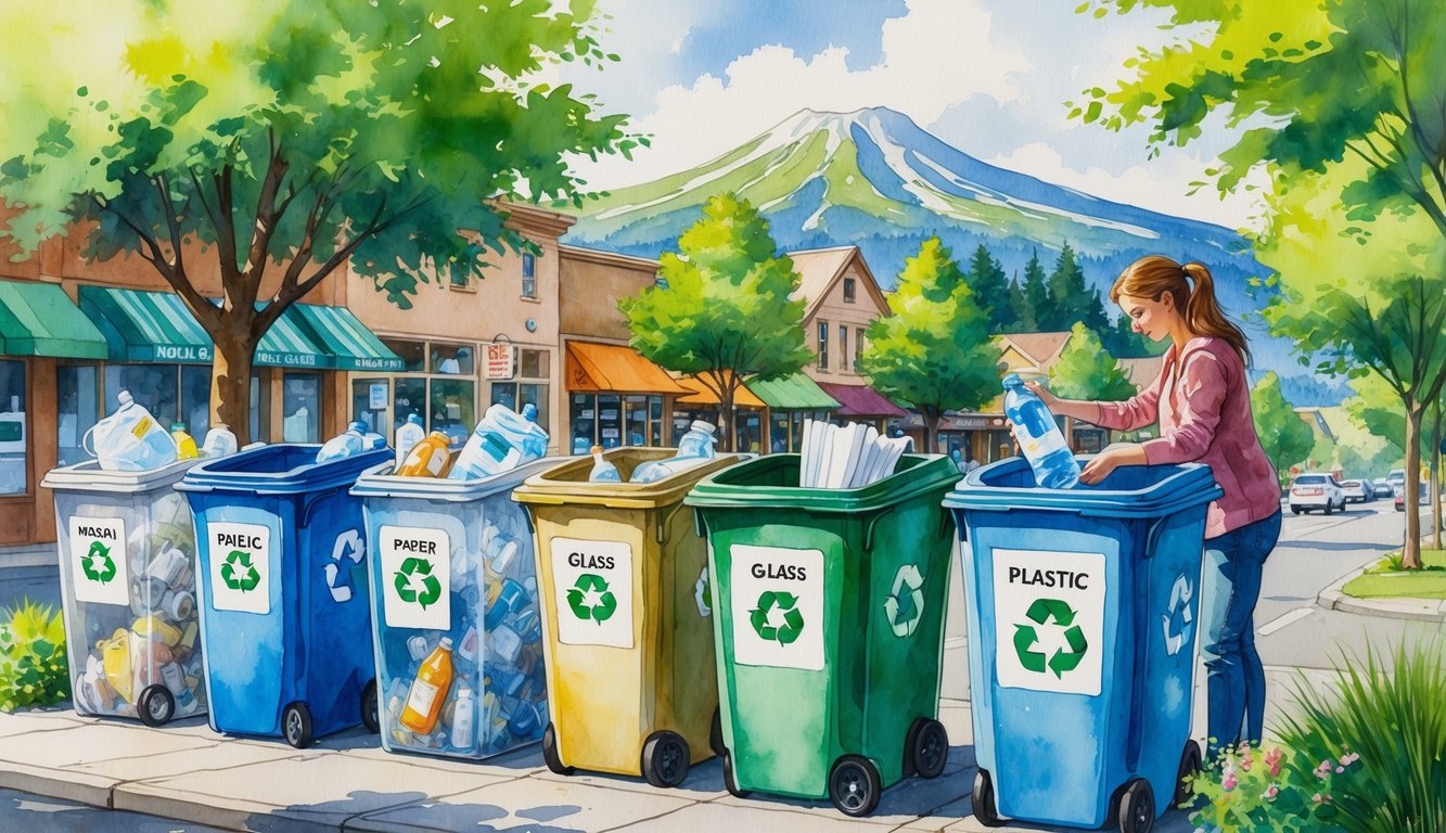 A community recycling area with separate bins for plastics, paper, glass, and metal, showing people sorting recyclable materials outdoors with trees and mountains in the background.