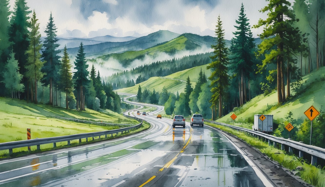 A winding road through green forests and hills near mountains, with wet pavement and a few vehicles traveling cautiously.