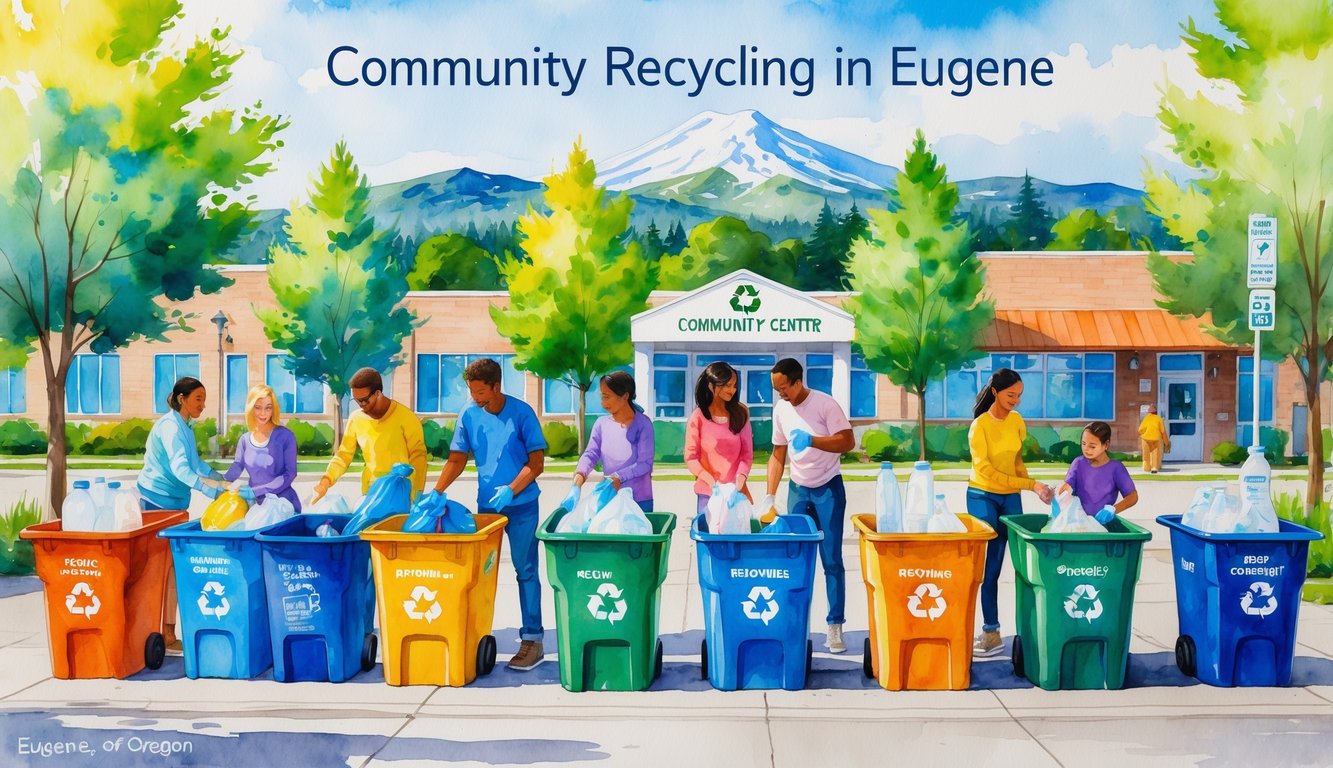 People in a community park sorting plastics into recycling bins with trees and mountains in the background.