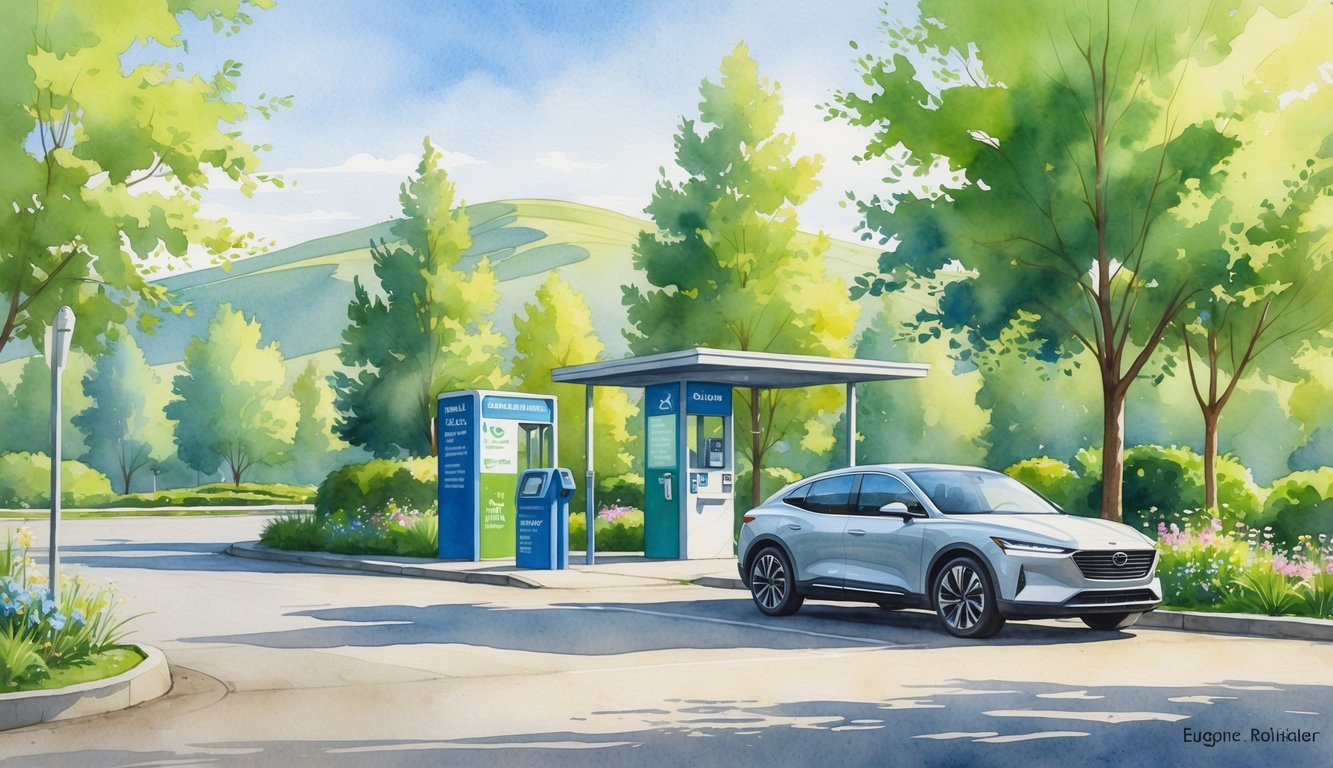 A peaceful urban scene with a car near an emissions testing station surrounded by green trees and hills.