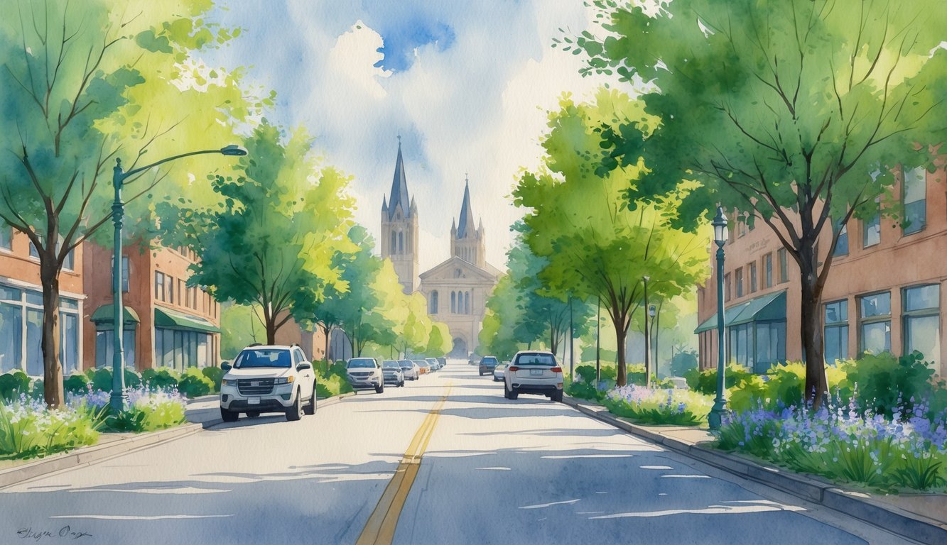 A quiet street in Eugene, Oregon with trees, parked cars, and university buildings in the background.