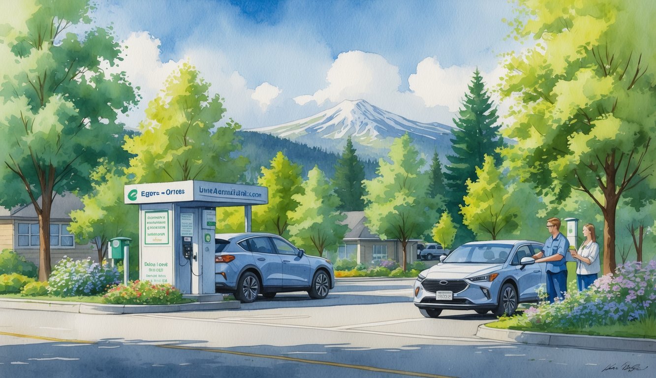 A peaceful street in Eugene, Oregon with a car near an emissions testing station surrounded by green trees and mountains in the background.