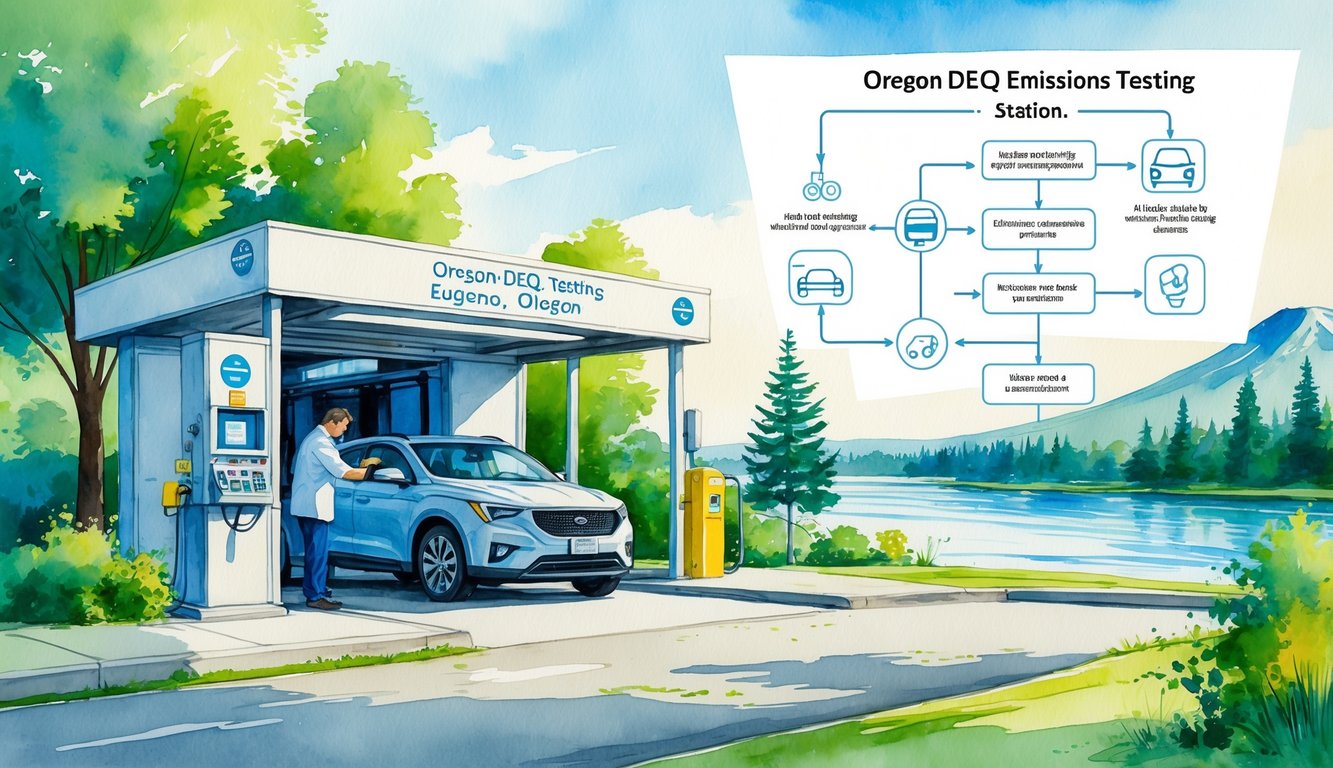 A car undergoing emissions testing at a station with a technician, set against a background of trees, a river, and distant mountains.
