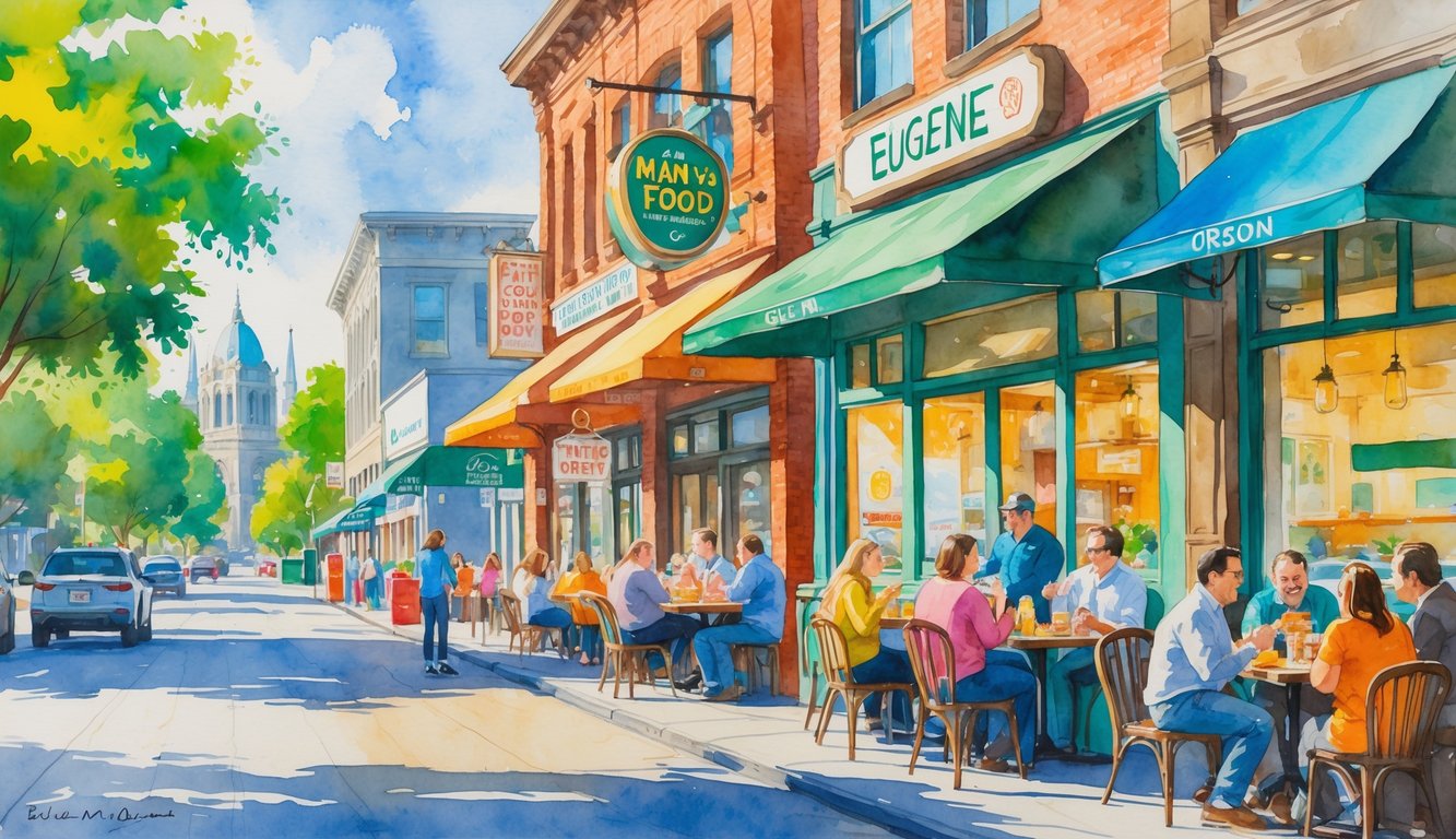 A busy street in Eugene, Oregon with people dining outside popular local restaurants and green trees lining the road.