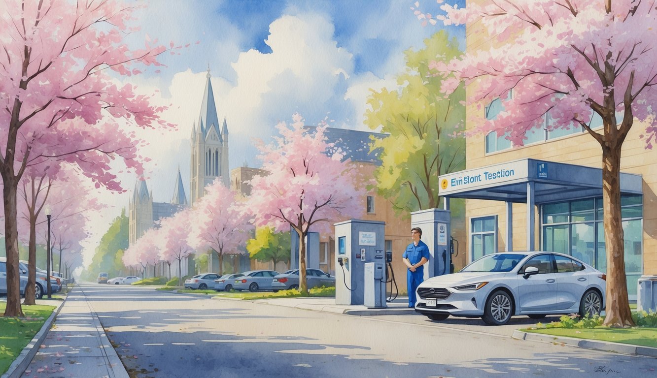 A car parked on a tree-lined street in Eugene, Oregon with a mechanic near an emissions testing station and university buildings in the background.