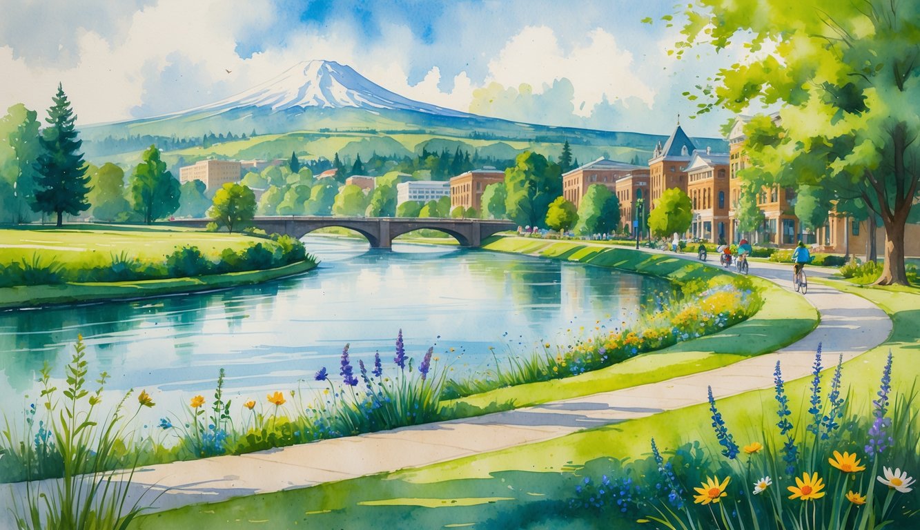 A river flowing through green landscapes with mountains in the background, wildflowers and a bike path in the foreground, and a small town with historic buildings nearby.