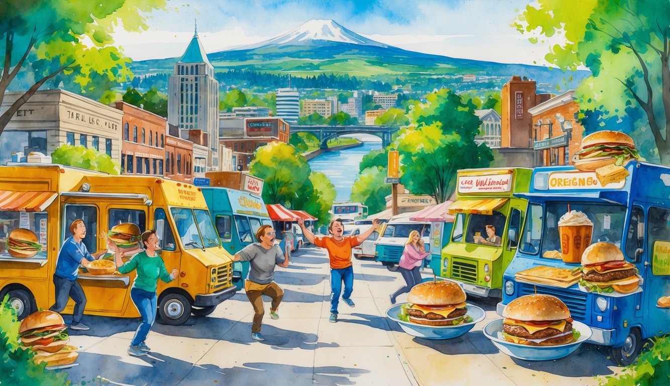 A lively city scene of Eugene, Oregon with people enjoying large plates of food at various restaurants and food trucks, set against a backdrop of the river, trees, and nearby hills.