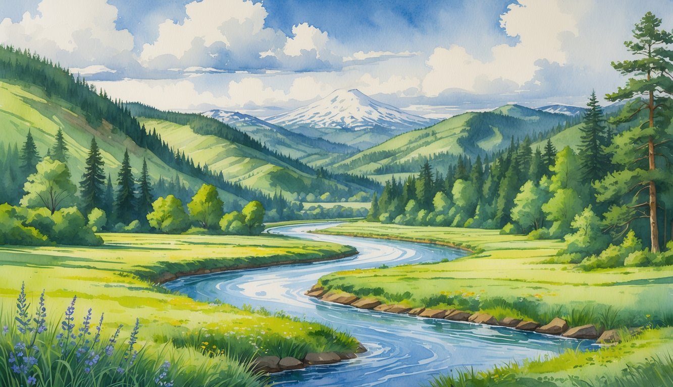 A peaceful landscape showing a river flowing through green hills and forests with mountains in the background under a partly cloudy sky.