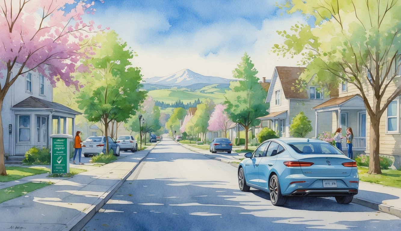 A peaceful street in Eugene, Oregon with a car parked near blossoming trees, houses, hills, and people near an emissions testing station.