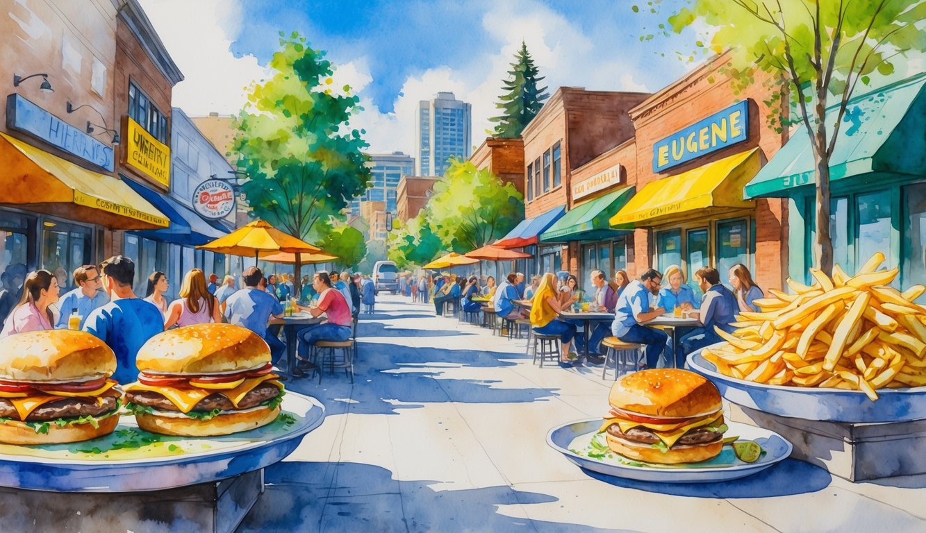 A lively street scene in Eugene, Oregon, showing local restaurants with people enjoying large meals outdoors surrounded by trees and campus buildings.