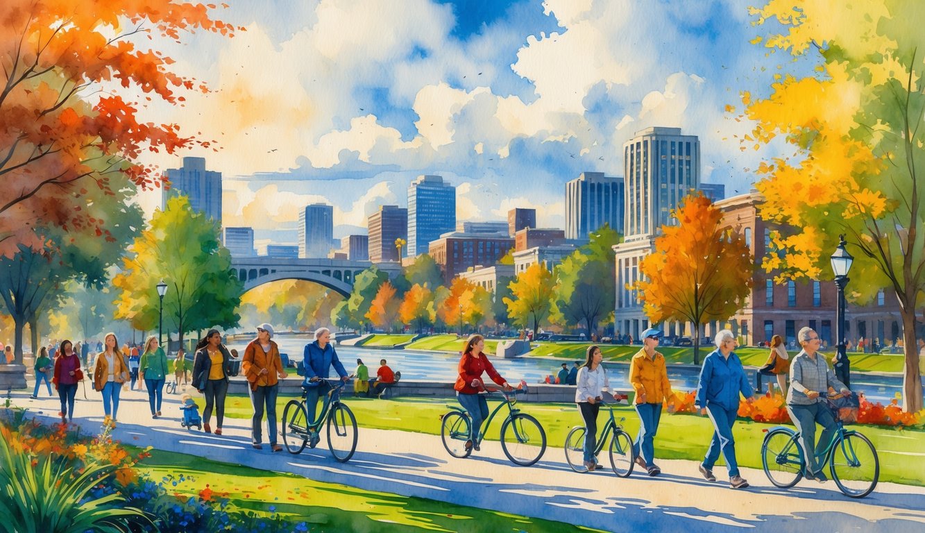 A diverse group of people enjoying a park in a city with river, trees, and buildings in the background.