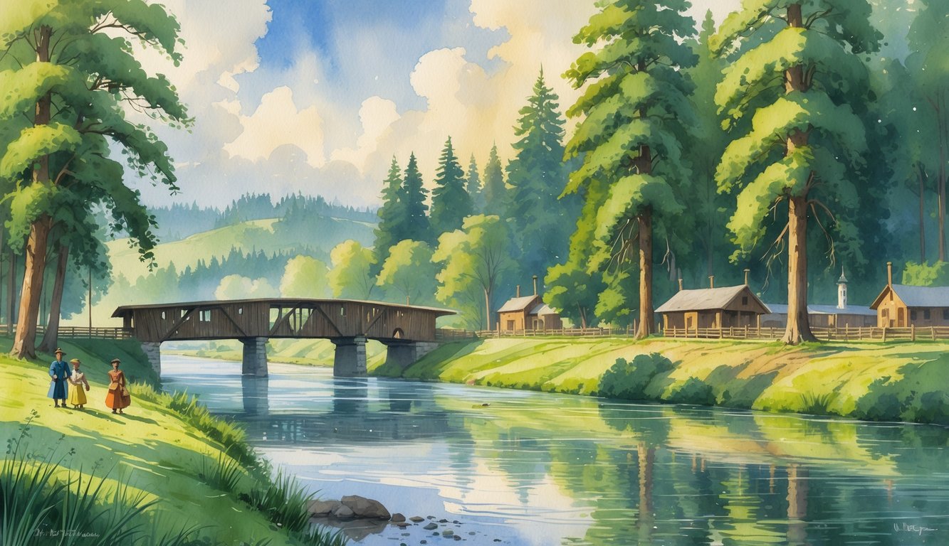 A river flowing through green trees with a covered bridge and early settlers farming near the water, with distant buildings among trees in the background.