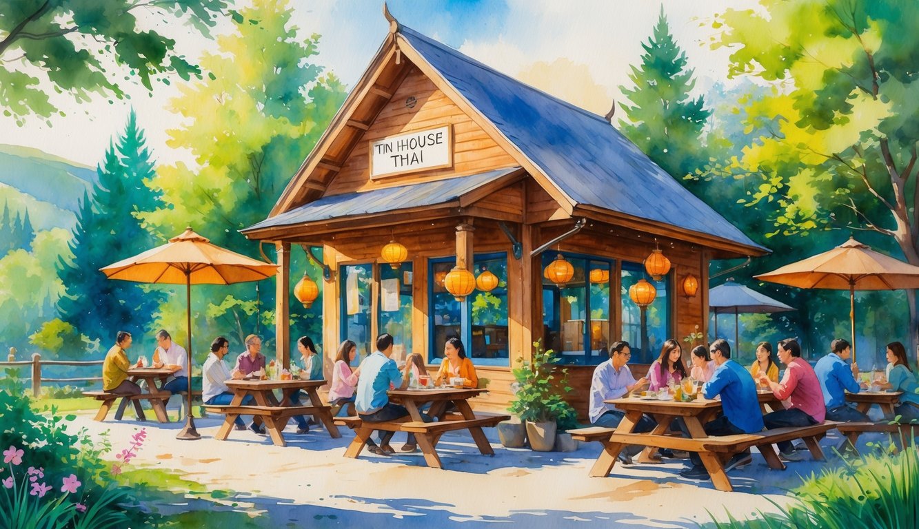 An inviting small Thai restaurant with outdoor seating surrounded by trees and people enjoying meals in a peaceful natural setting.