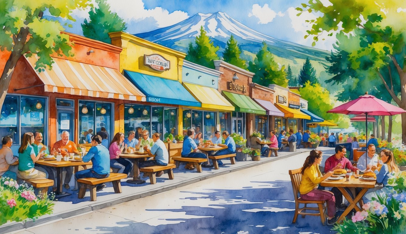 A lively street scene in Eugene, Oregon with people dining outdoors at various local restaurants surrounded by trees and mountains.
