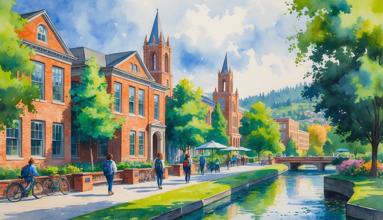 A university campus in Eugene, Oregon with students walking along tree-lined paths, surrounded by brick buildings, trees, and hills in the background.