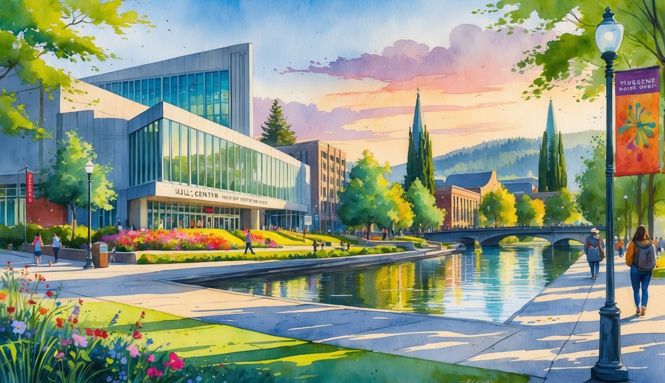 A city scene showing a performing arts center, university buildings, trees, people walking, and a river at sunset.