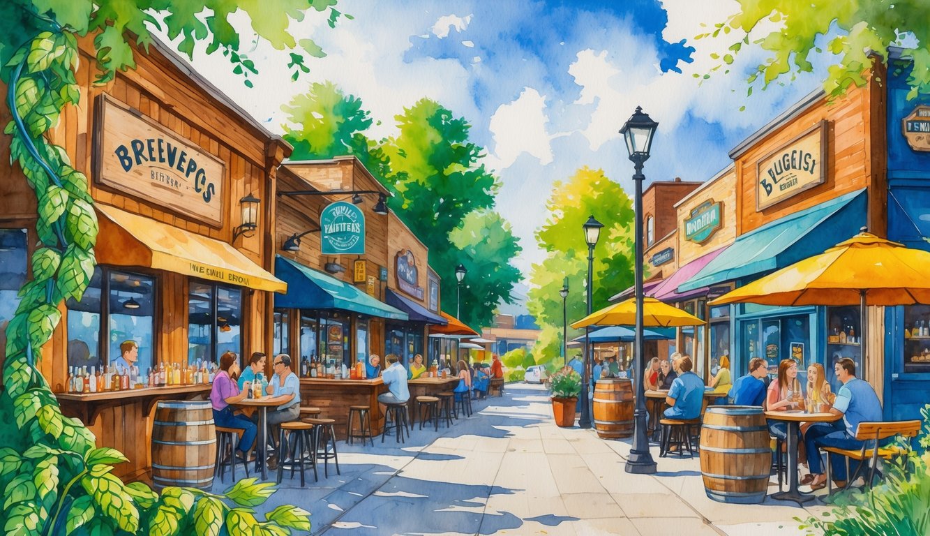 A lively street scene in Eugene, Oregon with craft breweries, local drink spots, outdoor seating, people enjoying drinks and food, surrounded by greenery and a river in the background.