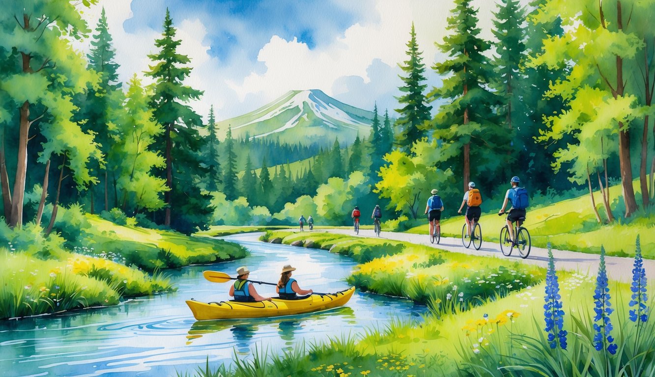People kayaking on a river, hikers walking along a forest trail, a cyclist on a path through a meadow, with a mountain and trees in the background.