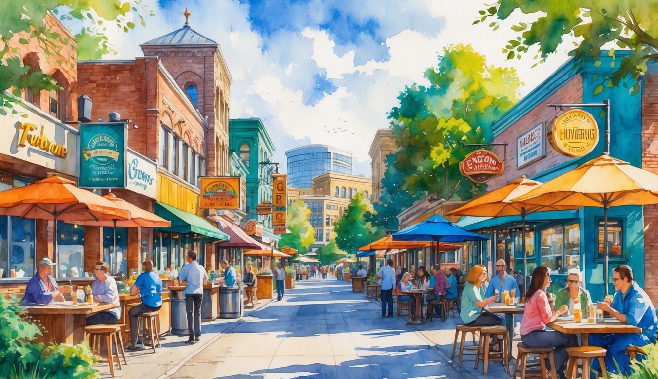 A busy street scene in Eugene, Oregon, with people dining outdoors at various restaurants and food trucks along a tree-lined road near a river.