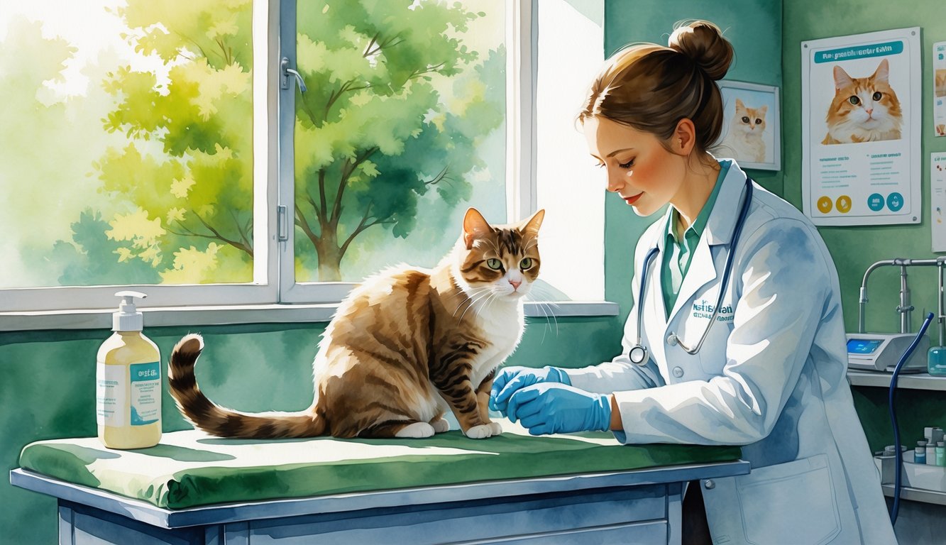 A calm cat sitting on an examination table in a veterinary clinic with a veterinarian gently examining it.