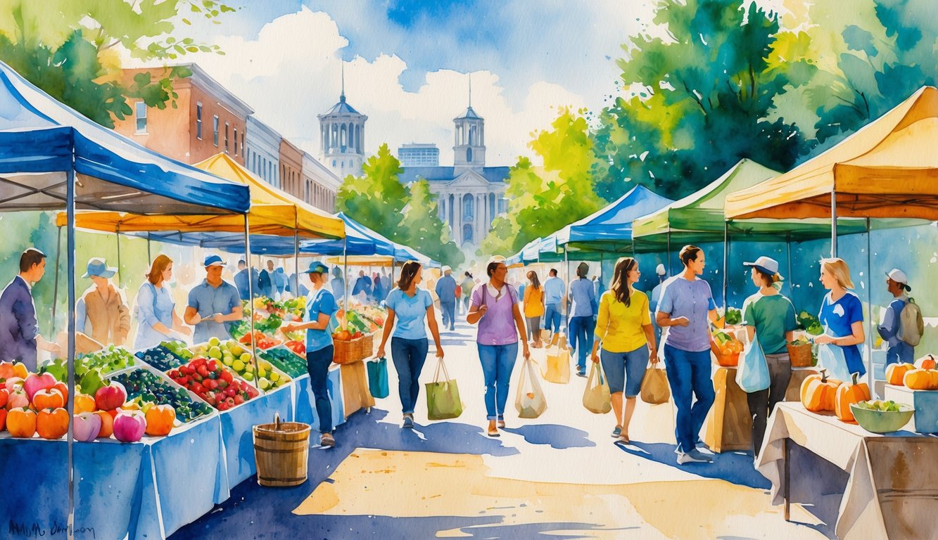 A busy outdoor market with people shopping for fresh fruits, vegetables, and handmade crafts near tree-lined streets and university buildings.