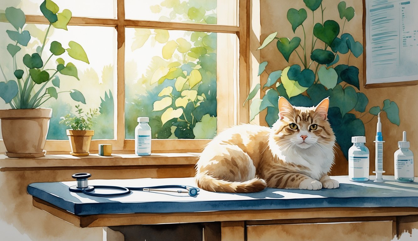A calm cat sitting on a wooden table in a cozy veterinary clinic with plants visible through a window.