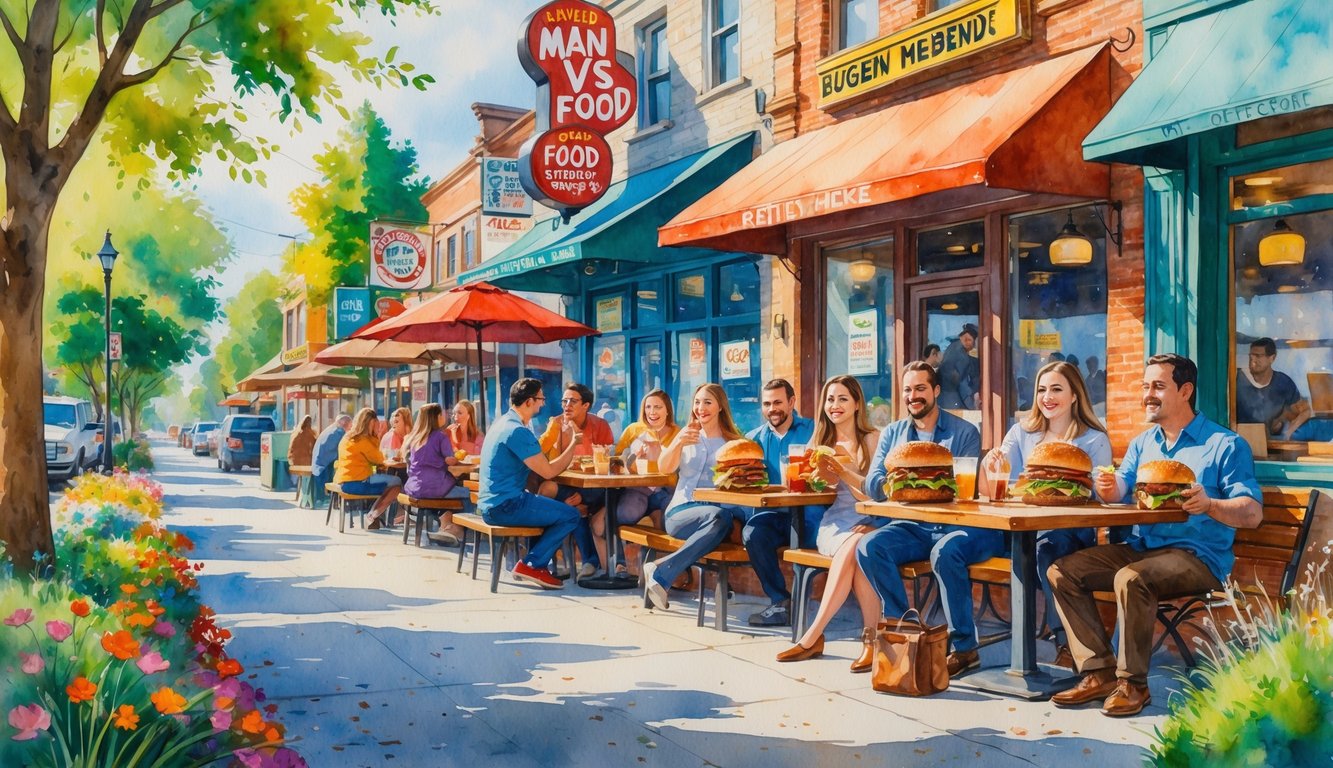 A busy street scene outside popular restaurants in Eugene, Oregon, with people enjoying large meals and outdoor seating surrounded by greenery and buildings.
