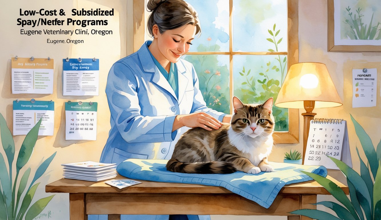 A cat sitting calmly on an examination table in a veterinary clinic with a veterinarian gently petting it, surrounded by informational materials and warm natural light.