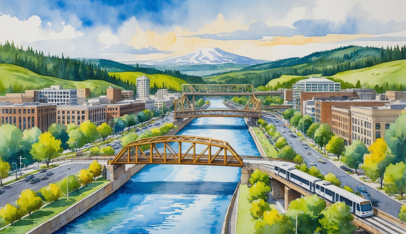 A city scene with a river, bridges, streets with cyclists and pedestrians, buses, and hills with trees in the background.
