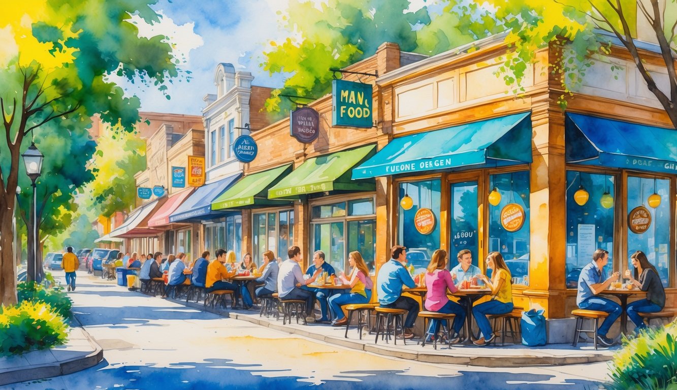 A street scene in Eugene, Oregon with people enjoying food outside colorful local restaurants surrounded by trees and city buildings.