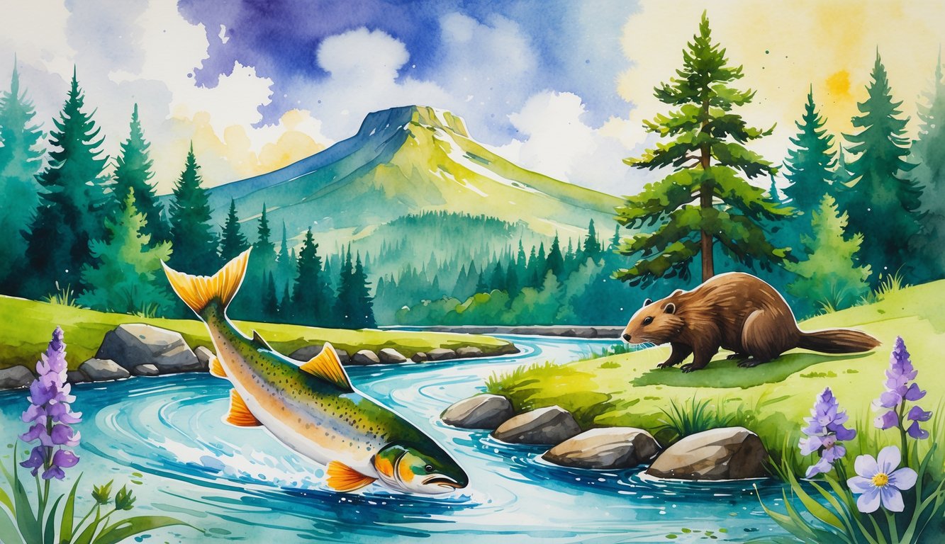 A natural landscape featuring Mount Pisgah, a jumping salmon in a river, a tall Douglas fir tree, a resting beaver, and violet flowers around the scene.