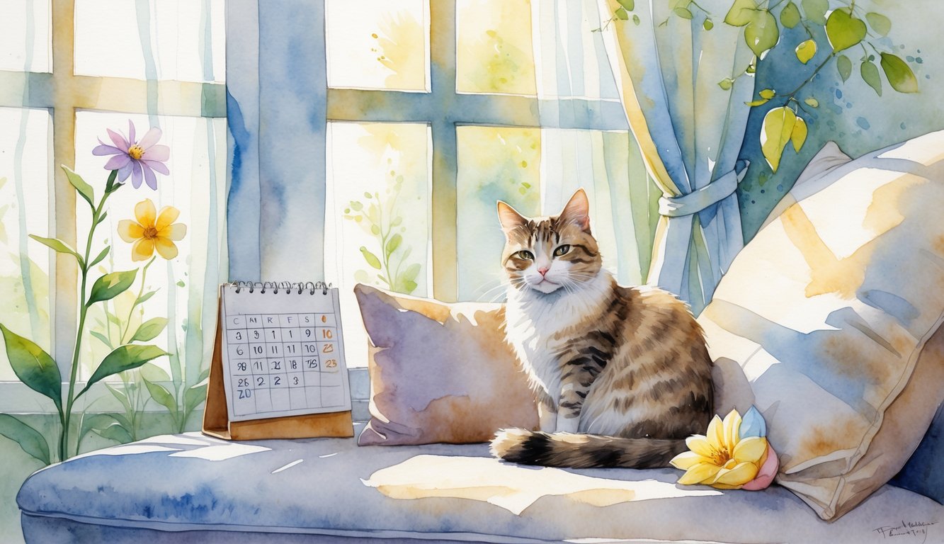 A calm cat sitting on a cushion by a sunlit window with flowers and a cozy home setting.