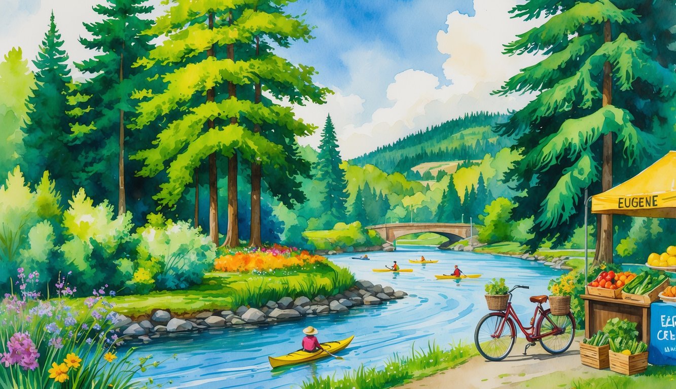 A colorful scene showing trees, wildflowers, a river with kayakers, a bicycle with produce, and a farmers market stall representing the city of Eugene, Oregon.