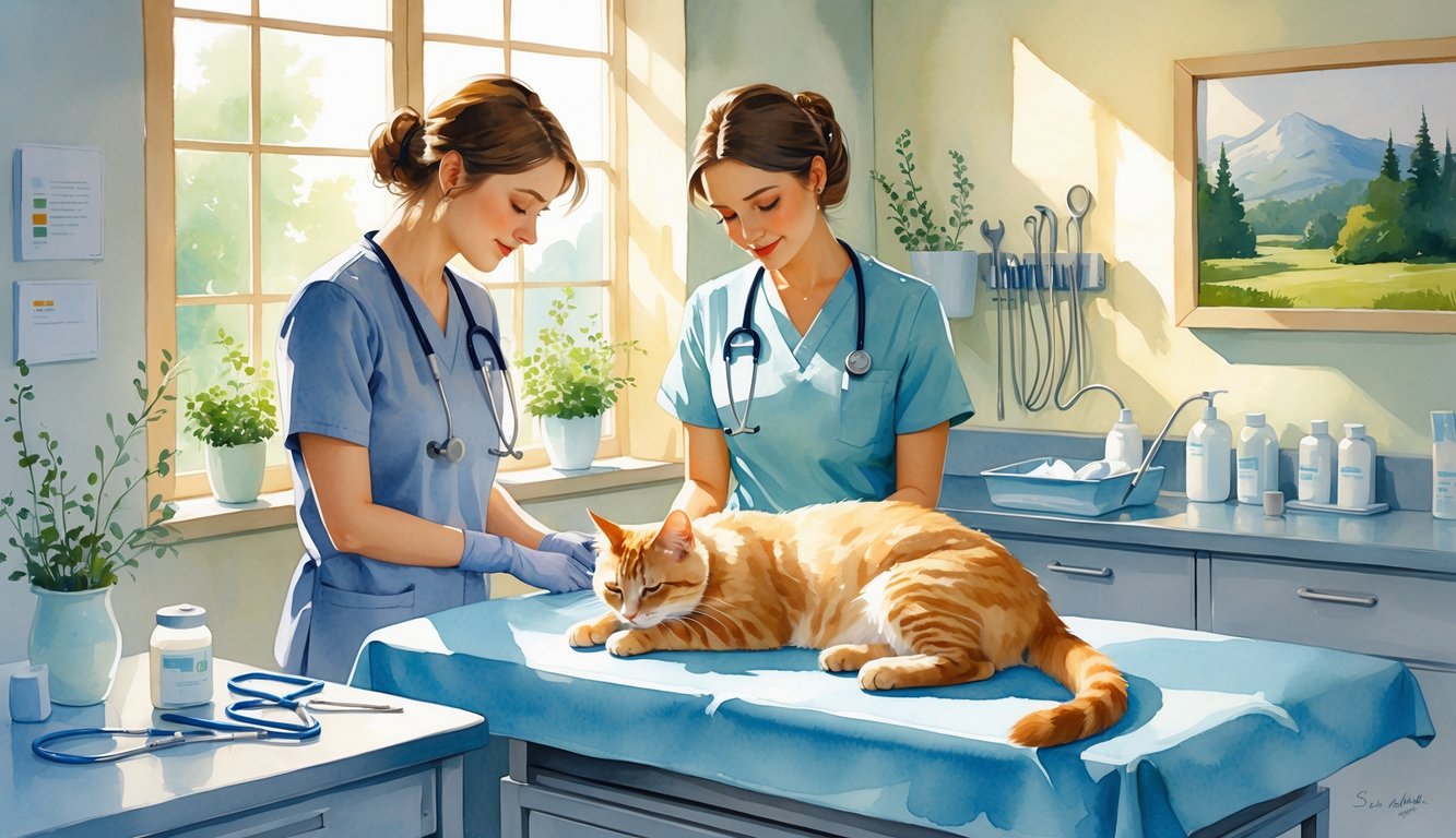 A calm cat resting on a veterinary examination table with caring staff preparing for a procedure in a bright clinic room with plants and a window showing a mountain landscape.