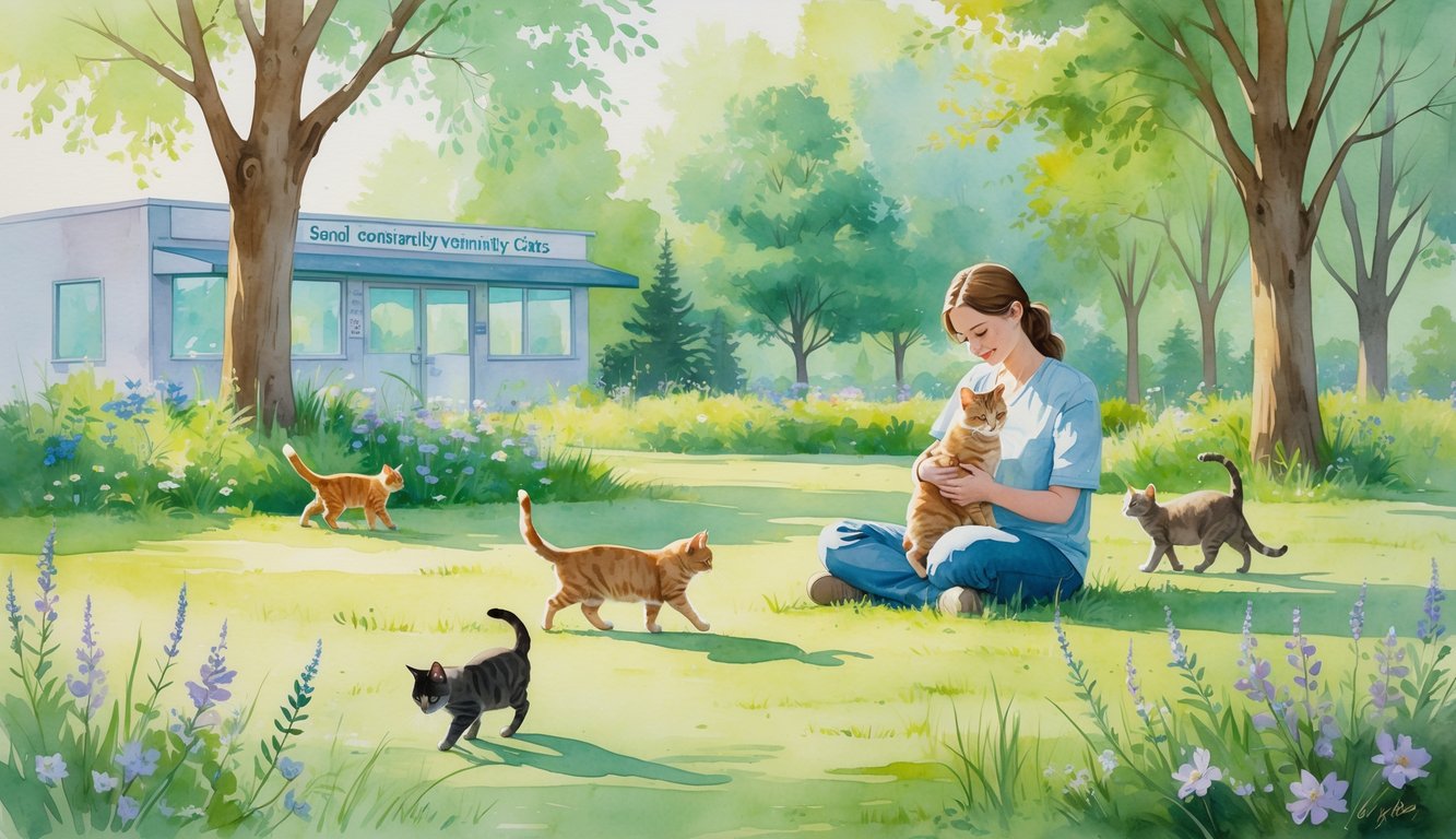 A person gently holding a calm feral cat outdoors with stray cats nearby in a green park with trees and flowers, and a small veterinary clinic in the background.