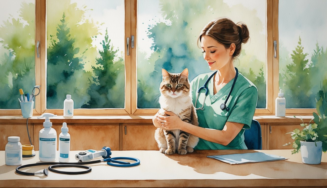 A veterinarian gently holding a calm cat inside a veterinary clinic with medical tools on a table and green trees visible through large windows.