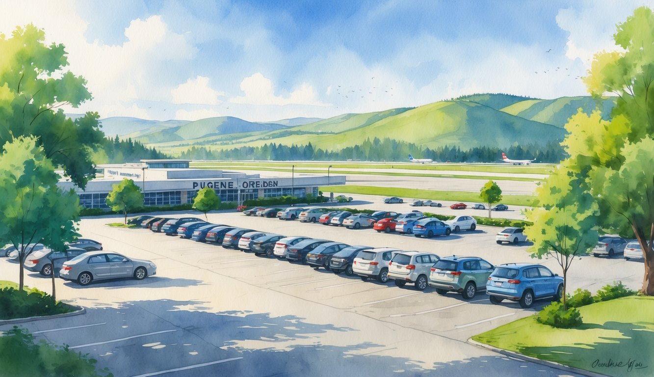 A parking lot near an airport terminal with cars parked and airplanes in the background surrounded by trees and hills.