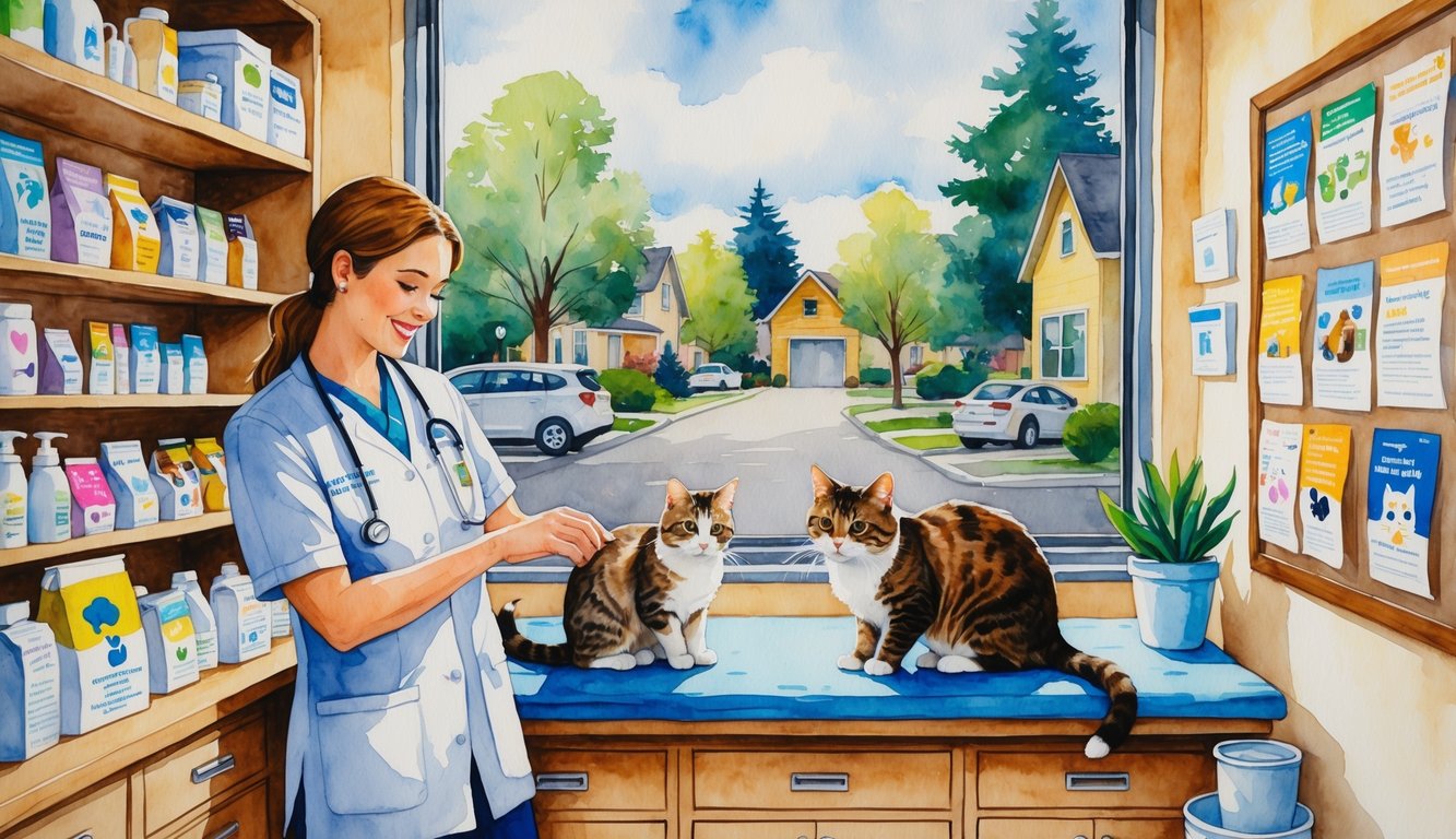 A veterinarian examining a calm cat in a cozy animal clinic with a neighborhood visible outside the window.
