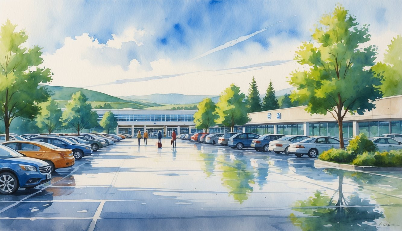A parking lot near an airport with cars, trees, hills, and a terminal building in the background on a clear day.